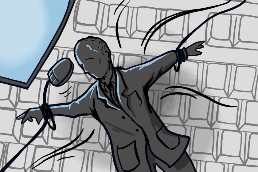 illustration of a doctor figure tangled in wires over a keyboard