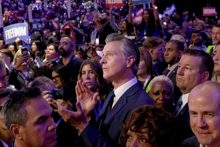 DNC CHICAGO, IL AUGUST 20, 2024 - California Gov. Gavin Newsom casts votes for Democratic presidential nominee Vice President Kamala Harris during the Democratic National Convention Tuesday, Aug. 20, 2024, in Chicago. (Robert Gauthier/Los Angeles Times)