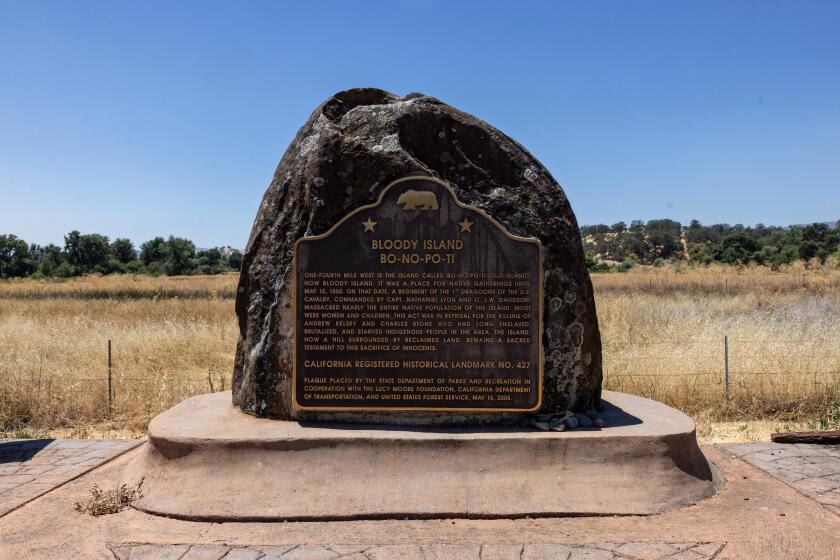 Clear Lake, CA - July 10: The site of the Bloody Island Massacre, a mass killing of indigenous Californians by the U.S. Military that occurred on what was then an island in Clear Lake, California, on May 15, 1850 on Wednesday, July 10, 2024 in Clear Lake, CA. (Jason Armond / Los Angeles Times)