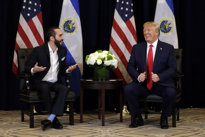 President Donald Trump meets with President Nayib Bukele of El Salvador at the InterContinental Barclay New York hotel during the United Nations General Assembly, Wednesday, Sept. 25, 2019, in New York. (AP Photo/Evan Vucci)