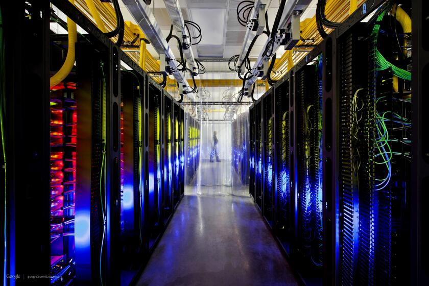 A network room at a Google data center in Council Bluffs, Iowa. Routers and switches allow Google's data centers to talk to each other.