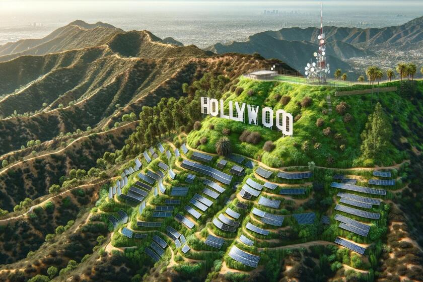 An AI-generated image solar panels below the Hollywood sign.