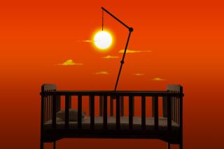 Illustration of a baby's crib on a red background with mobile made from a realistic bright sun