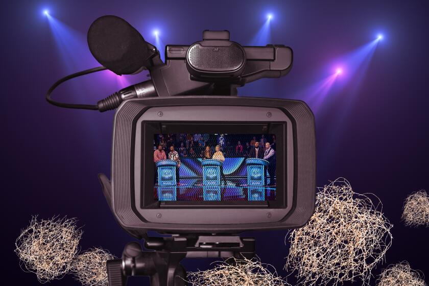 photo illustration of a television camera with reality tv screenshots and tumbleweeds