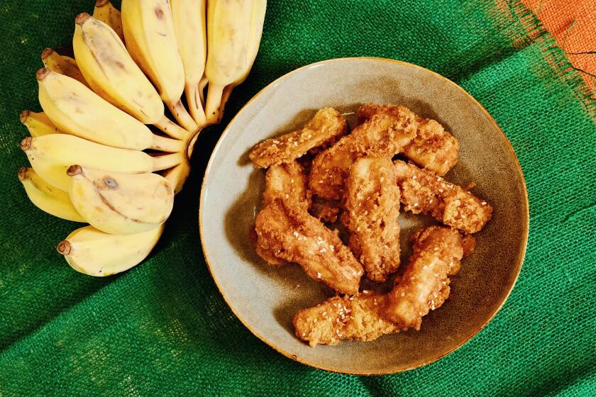 Chef Justin Pichetrungsi's fried bananas, to accompany a build-your-own sundae bar at the Los Angeles Times Test Kitchen in El Segundo, CA on Thursday, May 16, 2024.