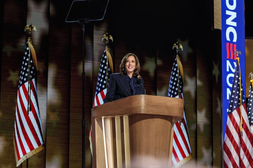 Chicago, Ill, Wednesday, August 21, 2024 - Vice President Kamala Harris delivers a speech at the Democratic National Convention at the United Center. (Robert Gauthier/Los Angeles Times)