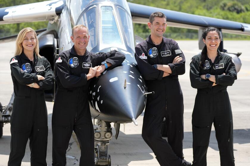 Astronauts from left, mission specialist Anna Menon, pilot Scott Poteet, commander Jared Isaacman and mission specialist Sarah Gillis arrive at the Kennedy Space Center for an upcoming private human spaceflight mission at Cape Canaveral, Fla., Monday, Aug. 19, 2024. (AP Photo/John Raoux)