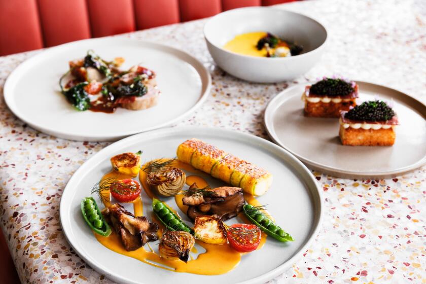 Jeune et Jolie in Carlsbad, Calif. with chef Eric Bost, July 13, 2024. Clockwiise from foreground: Gnudi, Porc, Melon and Croque Madame. (Amy Carson / For The Times)