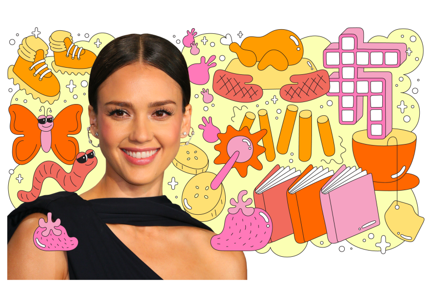 Photo of actress Jessica Alba surrounded by illustrations like a turkey, books, fruit, butterfly, hiking boots and more